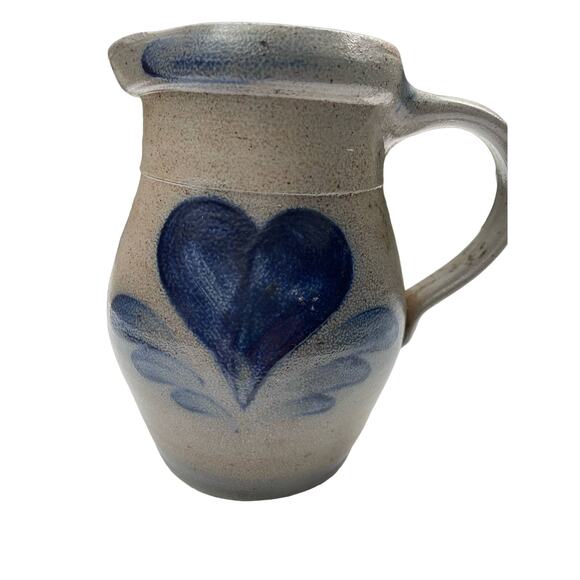 Salt Glazed Stoneware Small Pitcher Creamer Blue Cobalt Heart Country Farmhouse - Picture 10 of 11